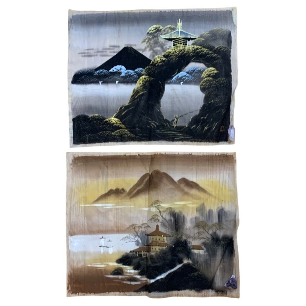 MCM Pair of Hand-Painted Asian Silk Painting: Mt. Fuji, Pagodas, Trees Signed